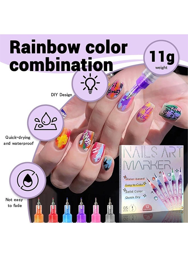 JS 12 Colors Nail Art Pens Set, 3D Nail Polish Pens, Quick-Drying Graffiti Dotting Acrylic Paint Pens, Point Liner Nail Art Markers Drawing Painting for Home & Salon Nail DIY - Image 2